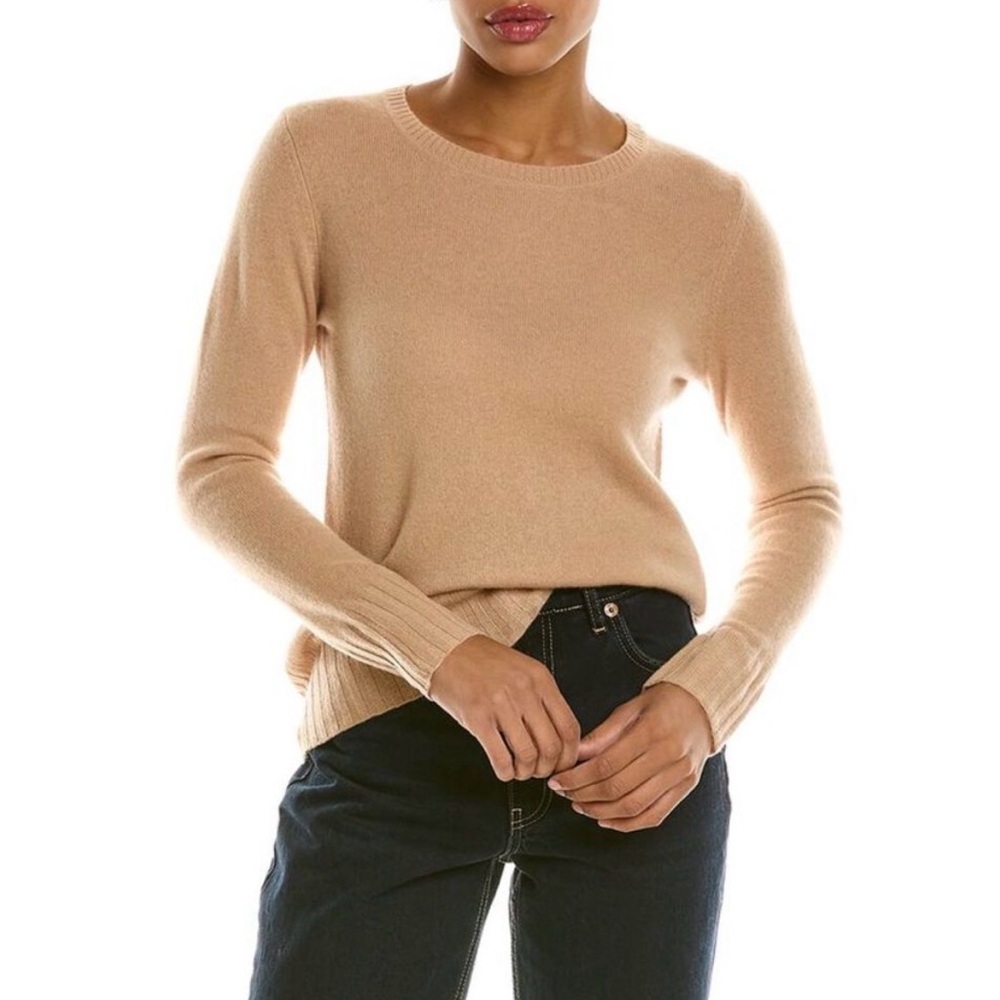 AINSLEY 100% cashmere tan crewneck basic sweater size medium ribbed details cozy